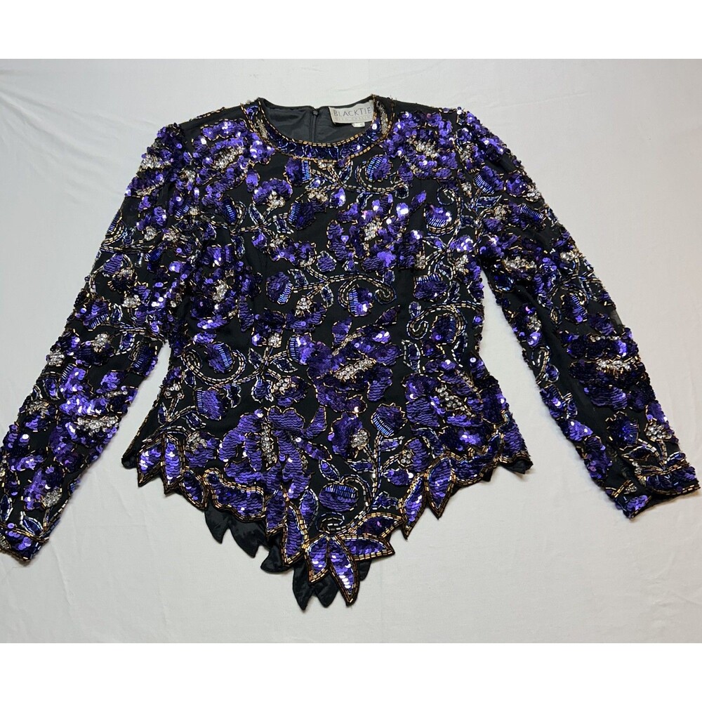 Vintage 80's Black & Purple Sequin Silk Beaded Oleg Cassini Party Blouse Sz S